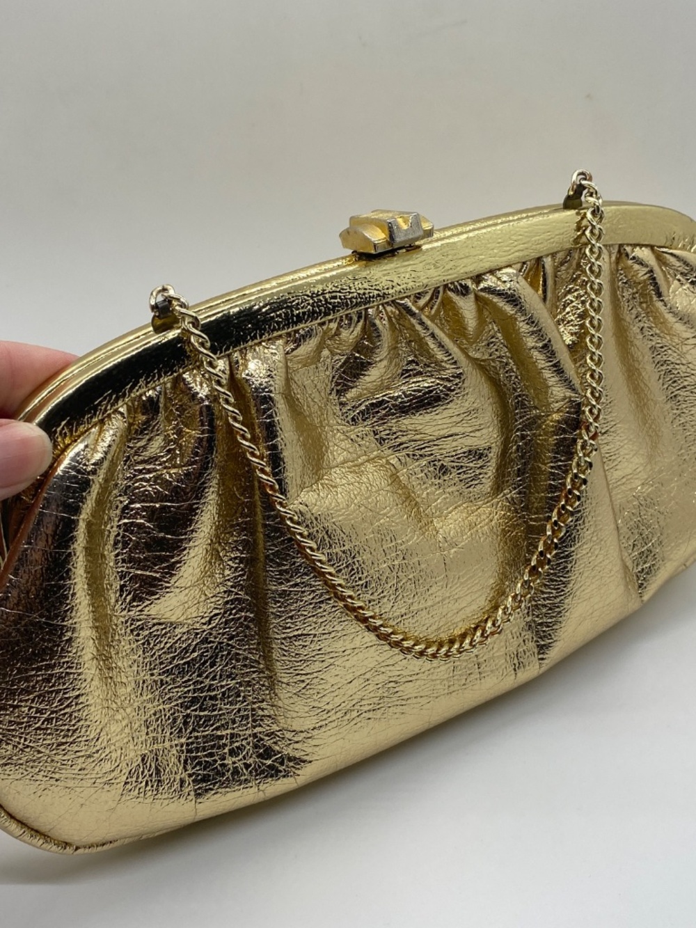 Vintage Faux Leather Handbag/Purse-Circa 1960s-Gold with Wrist Chain-Mid Century